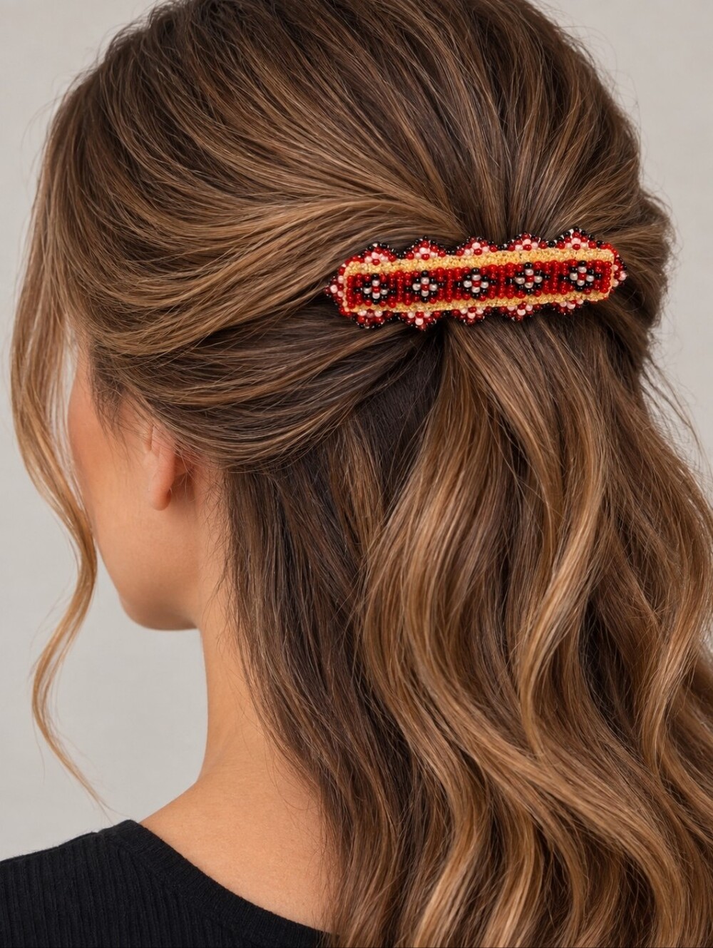 HANDMADE Red Leather Seed Beaded Navajo Style Barrette